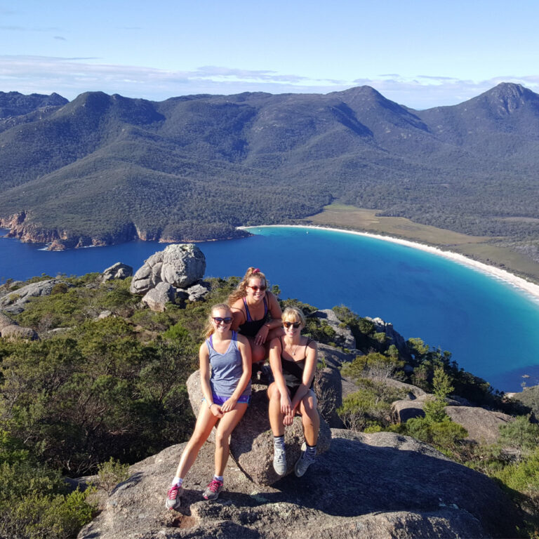 3 Ladies sitting on our Wineglass Bay tour in Tasmania.
